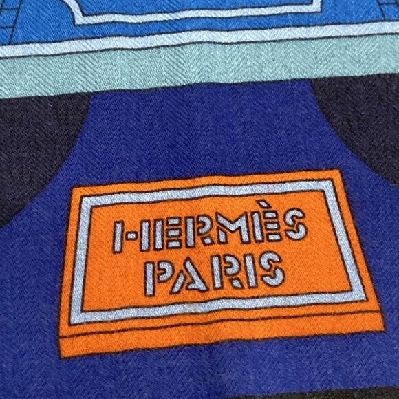 HERMES Carres 140/Carre Geant - Navy Blue Multi Cashmere Silk Scarf - Picture 6 of 7